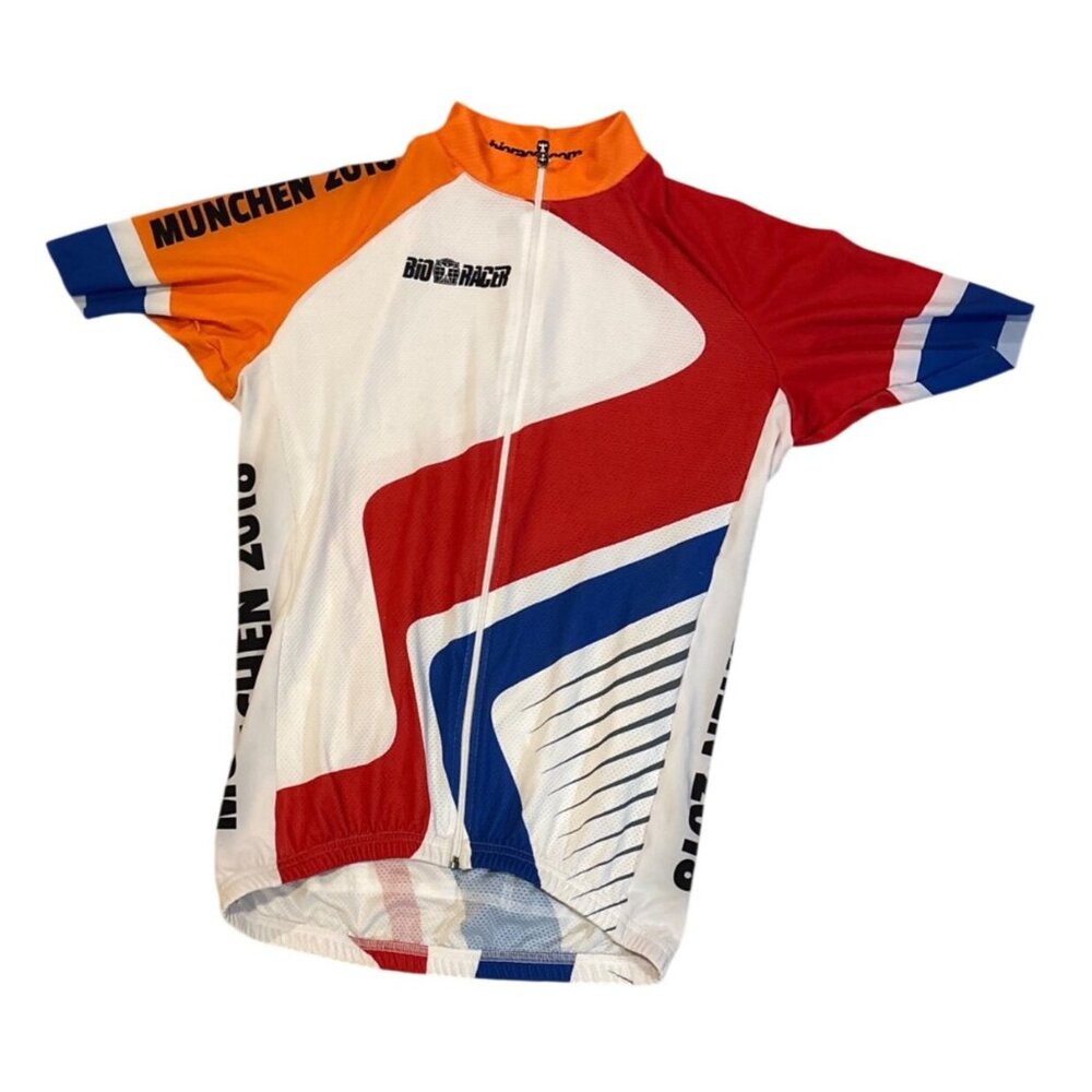 Bioracer Munich 2018 Cycling Jersey Mens Size L Red White Blue Orange Full Zip